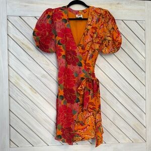 FARM Rio Red and Orange Wrap Dress V-Neck Cocktail